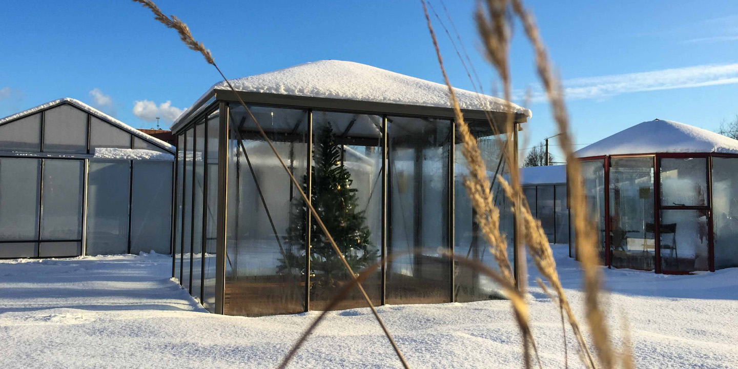 Stiklinė lauko klasė oranžerija šiltnamis žiemą | Gardenis